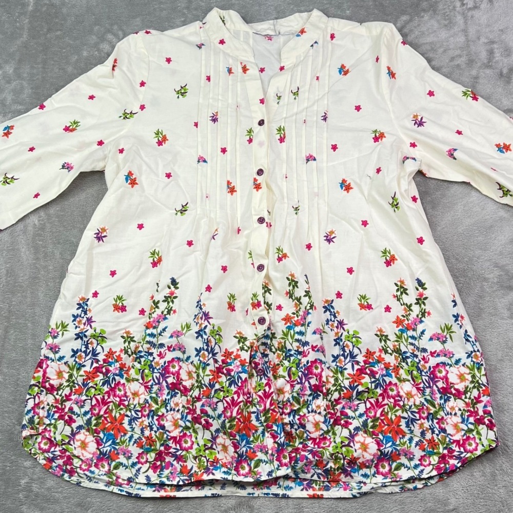 Vermont Country Store Floral Print Tunic Womens XL White Button Up 3/4 Sleeve